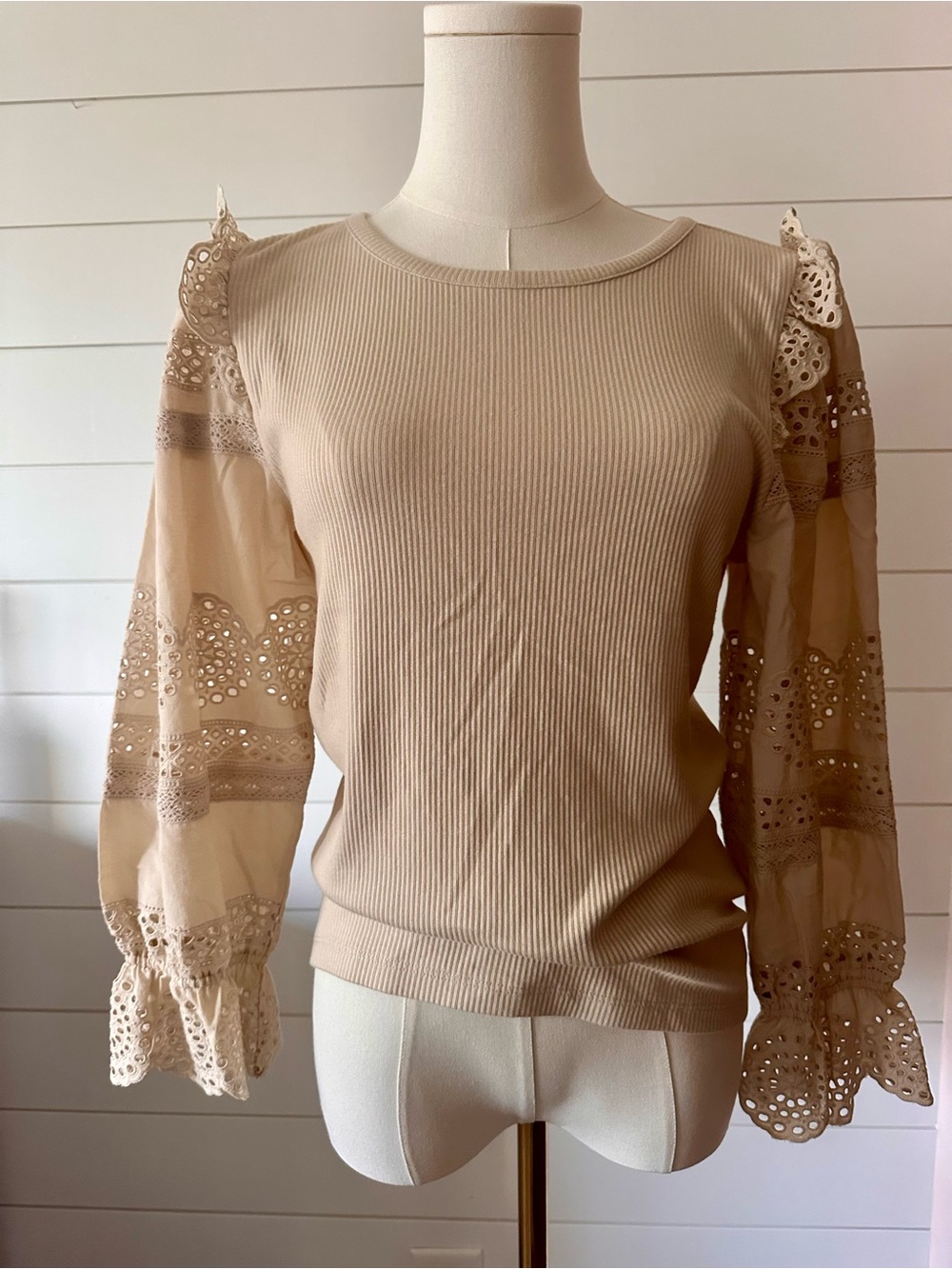 NEW J. Crew Cream Ribbed Knit Top With Eyelet Sleeves